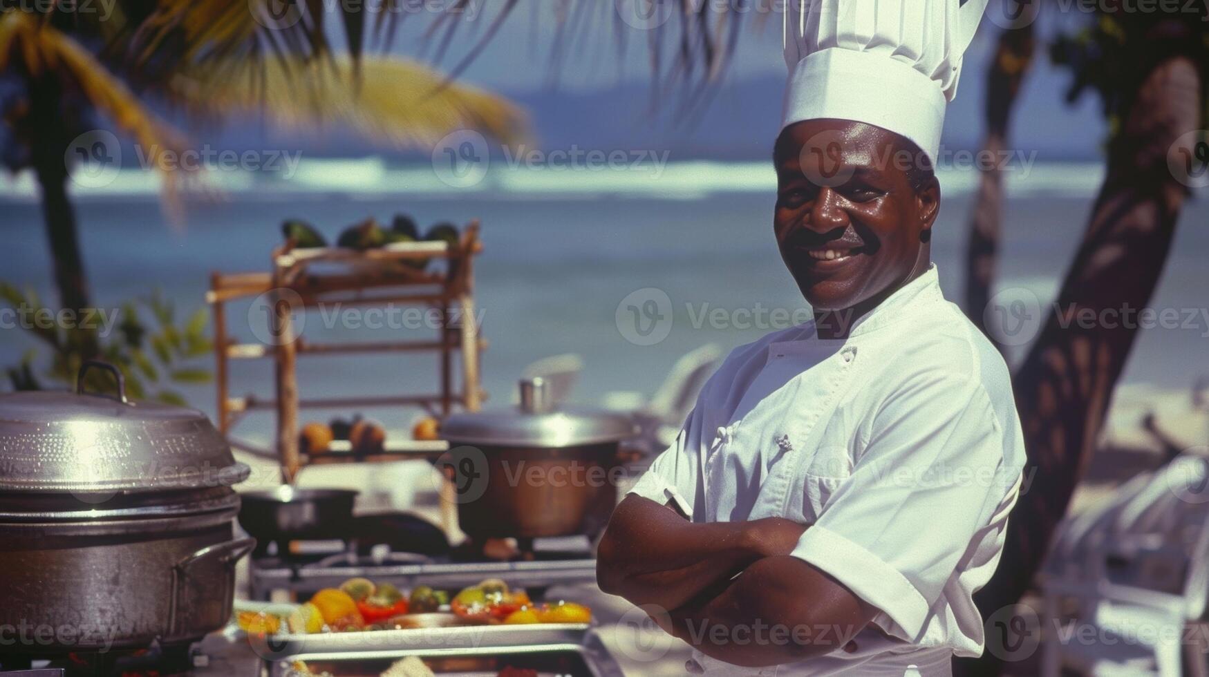 uma sorridente chefe de cozinha carrinhos dentro frente do uma ampla ao ar livre cozinha conjunto acima em a arenoso costa foto