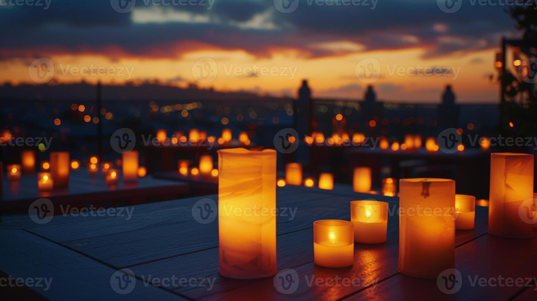 Como a tarde vem para uma fechar a velas queimar baixo fundição uma caloroso e sereno brilho sobre a telhado Como convidados licitação despedida para a tirar o fôlego noite céu. 2d plano desenho animado foto