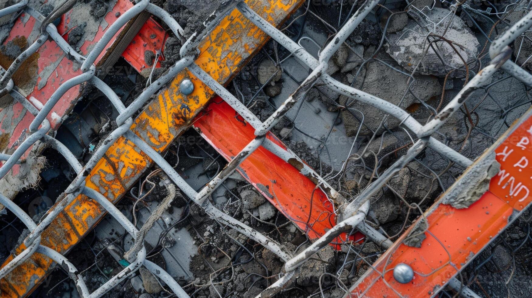 a a sobrecarga Visão do uma temporário elo de corrente cerca marcado com progresso atualizações e segurança lembretes desmoronando vencimento para em andamento construção foto