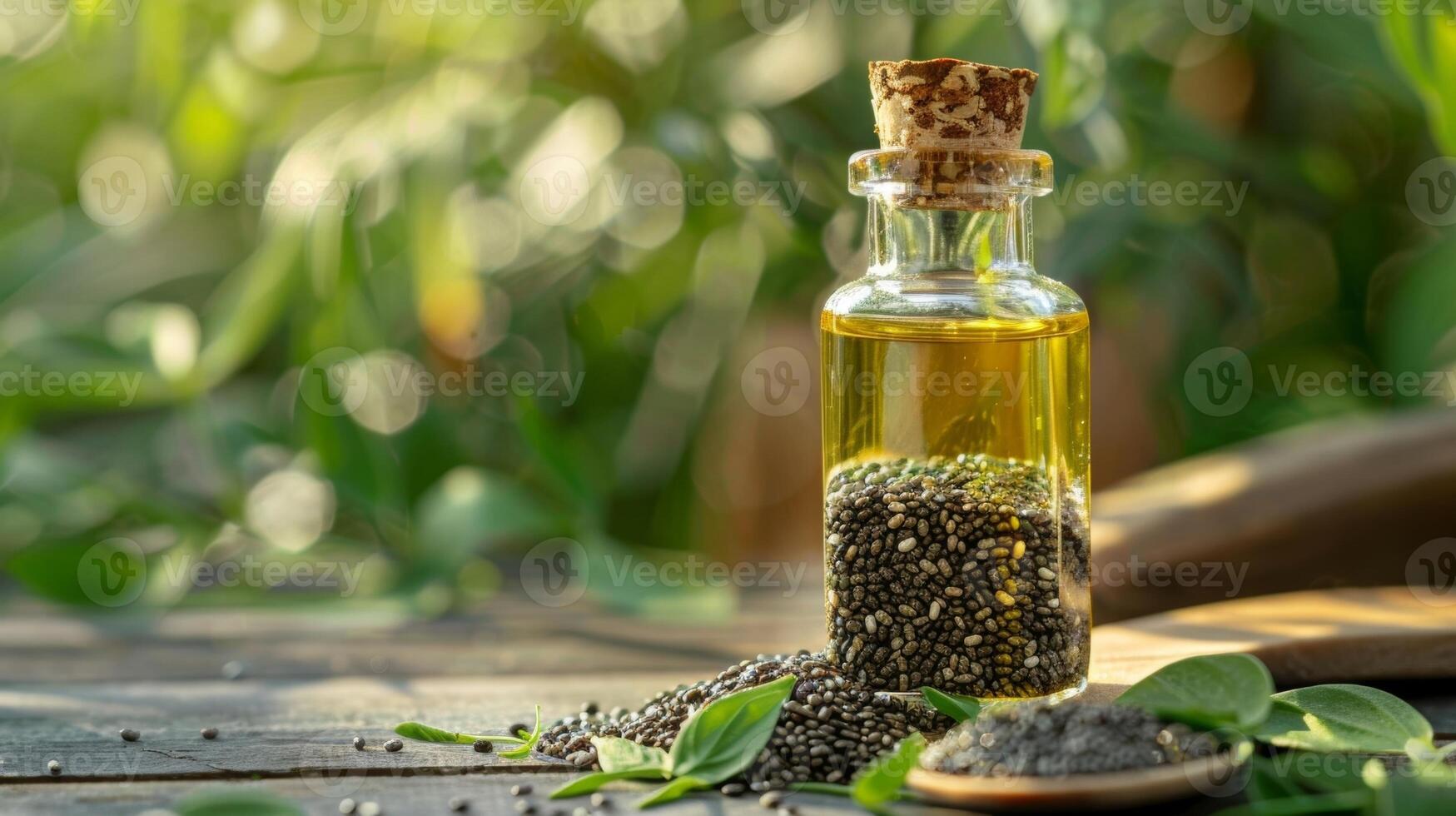 uma pequeno garrafa do saboroso chia óleo fez a partir de a sementes do uma tropical plantar e ostentação Alto níveis do ômega-3 gordinho ácidos perfeito para adicionando uma saudável impulso para batidos ou sala foto