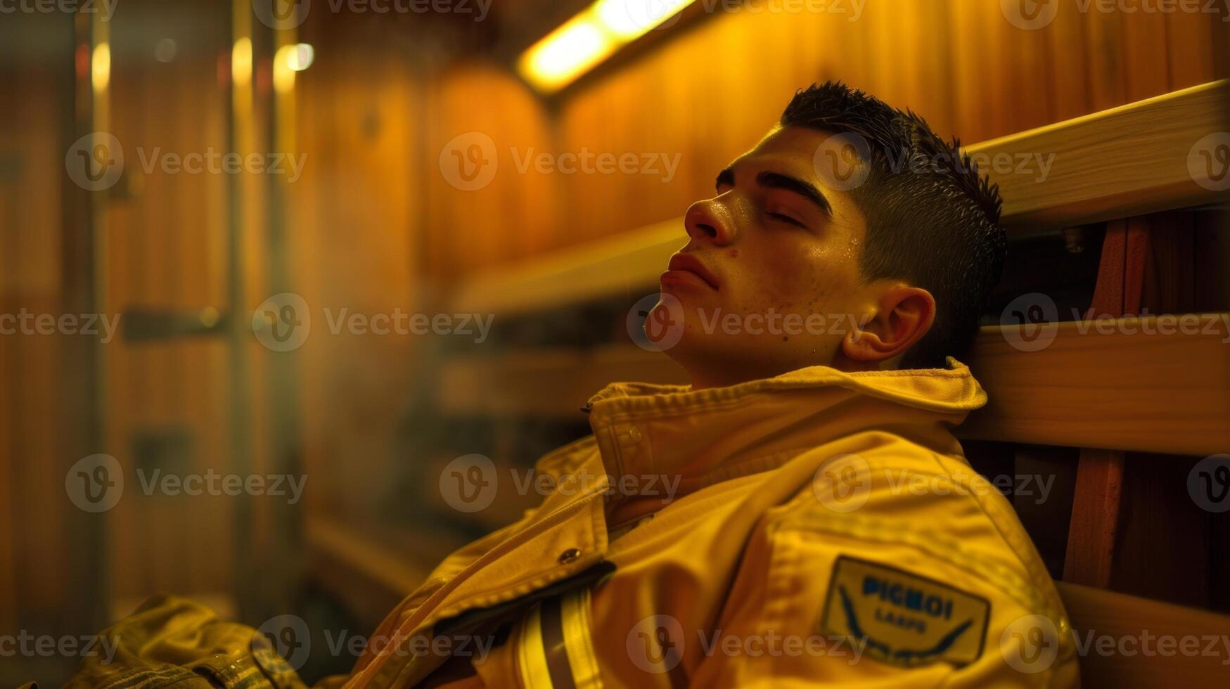 uma pacífico imagem do uma bombeiro reclinável em uma sauna Banco dele olhos fechadas dentro relaxamento Como ele respira dentro profundamente. foto