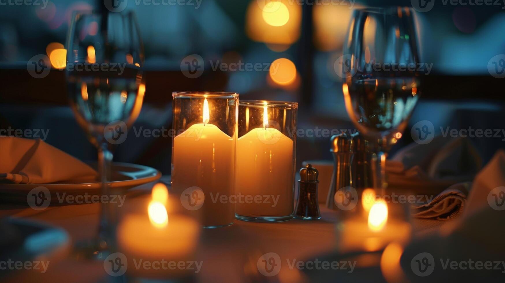 uma caloroso luz de velas ambiente conjuntos a humor para uma pacífico e intencional jantar experiência foto