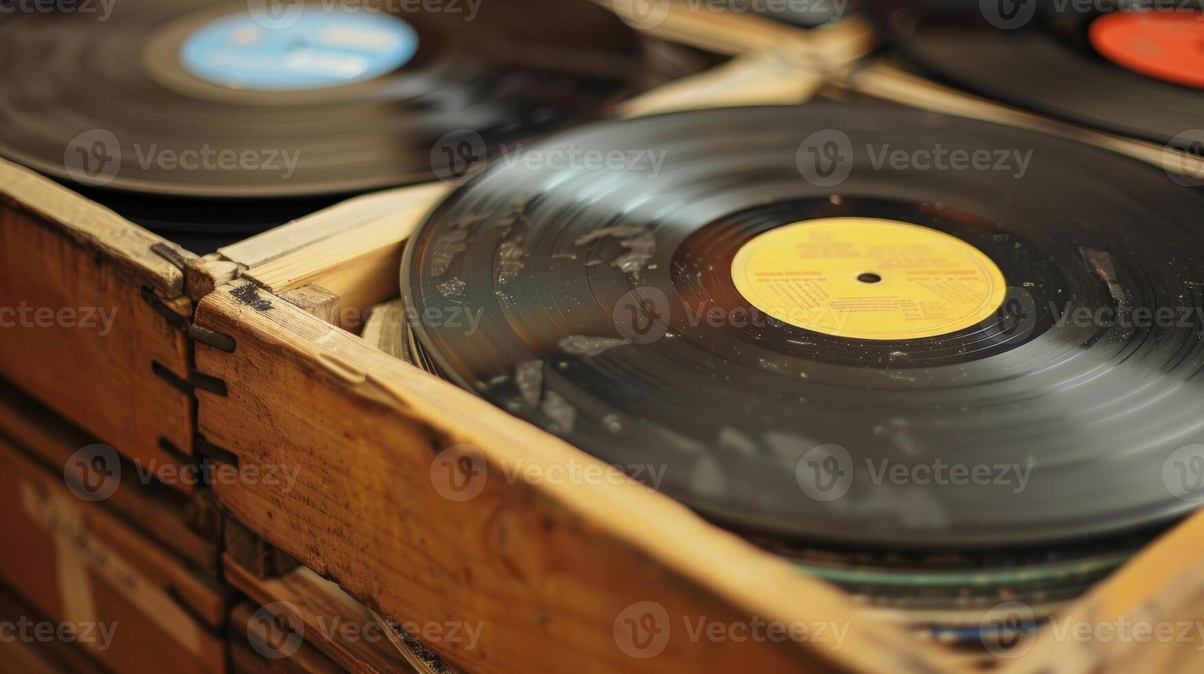 uma engradado cheio do vinil registros representando uma tempo de vida do colecionar e descobrindo Novo música foto