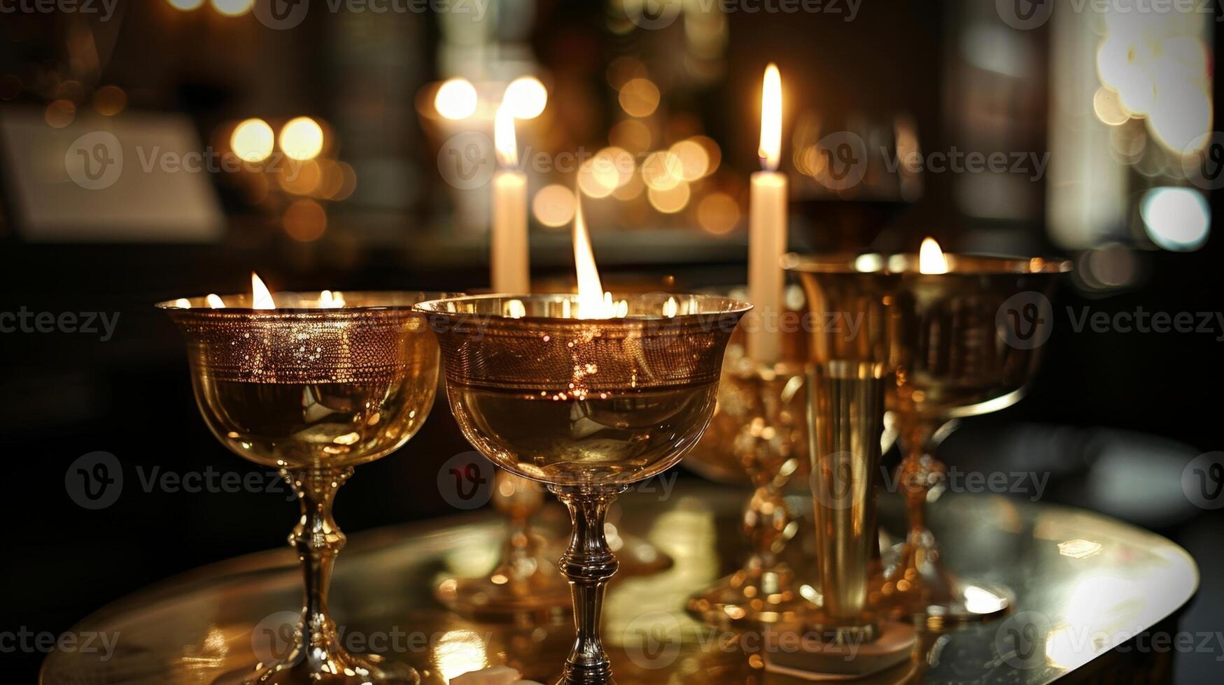 a tremeluzente velas em cada mesa estão refletido dentro a polido latão barware adicionando uma toque do glamour para a caudas ser servido. 2d plano desenho animado foto