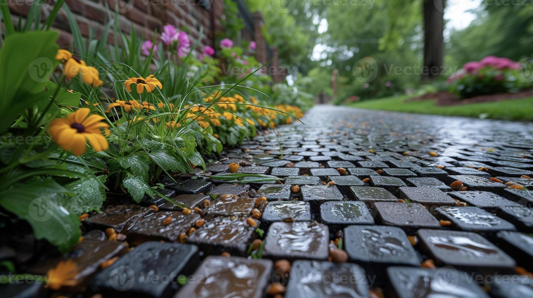 uma fechar-se tiro do uma permeável pavimentar passarela construído com recuperado materiais e projetado para permitir água da chuva para vazar costas para dentro a terra em vez de que corrida fora int foto