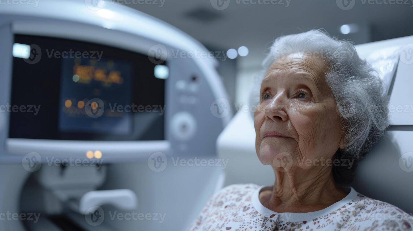 a scanner movimentos lentamente sobre a idosos mulher corpo usando avançado tecnologia para avaliar a força e densidade do dela ossos foto