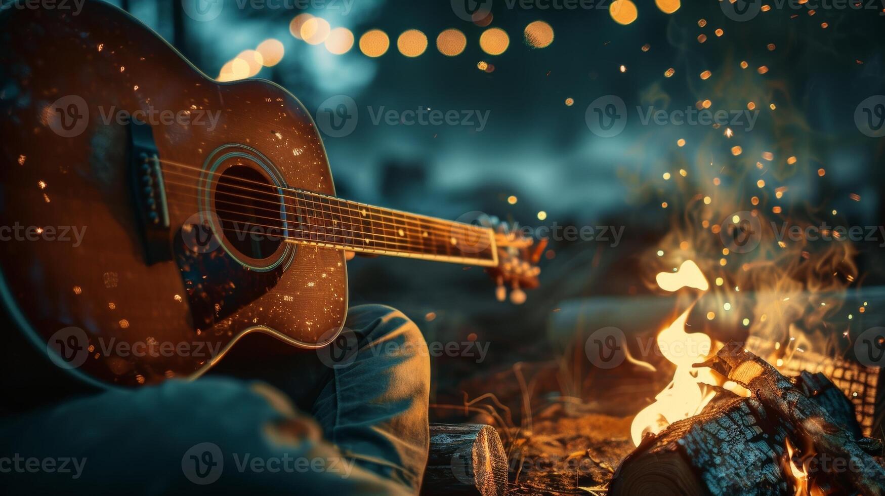 uma acolhedor fogueira configuração com pessoas dedilhar seus guitarras e levando voltas cantando canções debaixo a estrelado céu foto