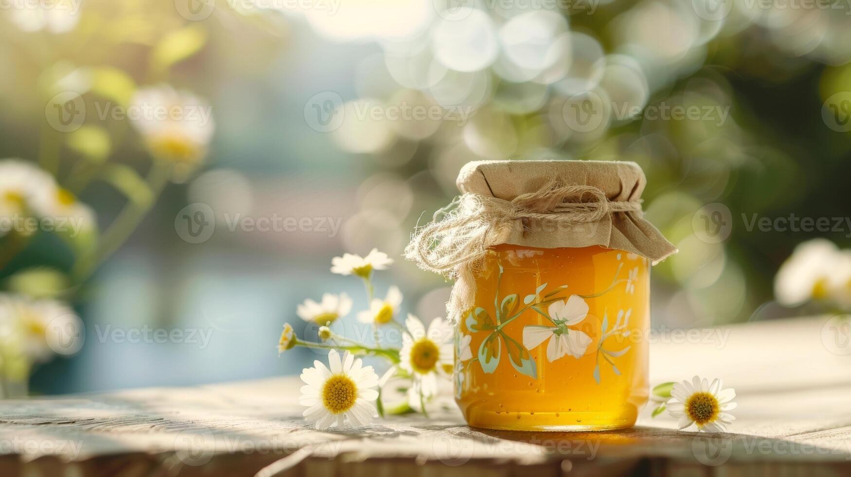 uma jarra do querida com uma lindo pintado à mão rótulo apresentando uma delicado floral Projeto exibindo a artístico e criativo aspecto do artesanal mel foto