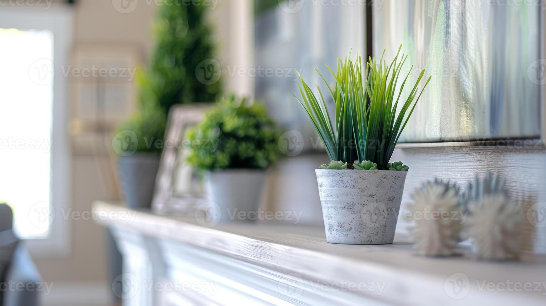 a lareira manto é adornado com pequeno em vaso plantas e moderno arte peças adicionando uma toque do vegetação para a espaço. 2d plano desenho animado foto