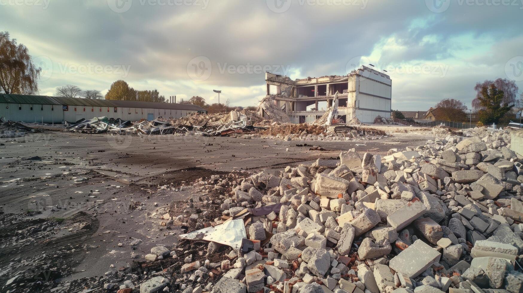 dentro uma Largo tiro a construção é agora reduzido para pilhas do destroços, Pedregulho com só uma pequeno seção remanescente foto