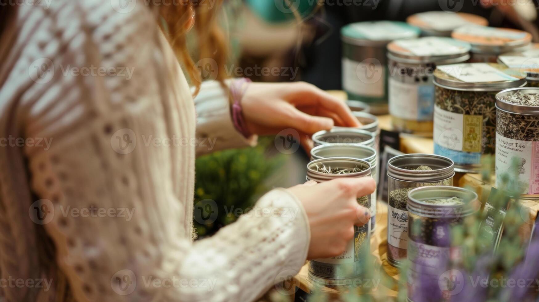 uma mulher lendo a etiquetas em vários chá latas Como ela decide que misturas para experimentar durante a degustação festa foto
