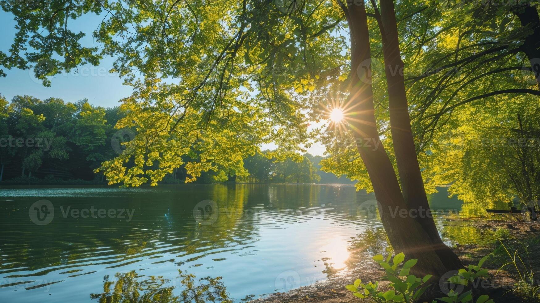 uma sereno lago cercado de exuberante verde árvores com a Sol brilhando suavemente em a água Como alguém práticas guiado imagens meditação em Está costa foto