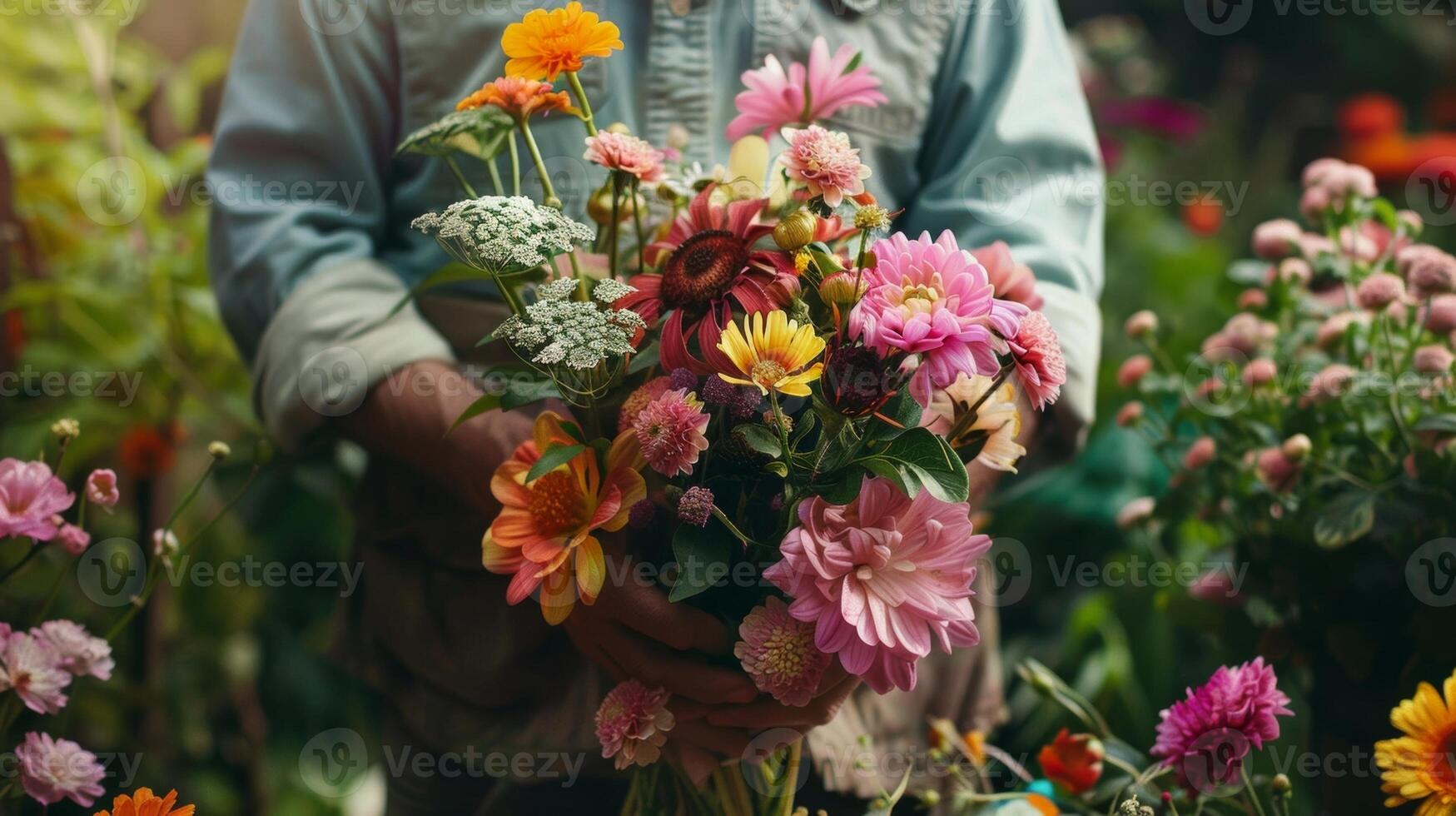 uma homem em pé dentro uma exuberante jardim dele mãos preenchidas com uma variedade do flores Como ele perde ele mesmo dentro a alegria do arranjo eles para dentro uma hipnotizante ramalhete foto