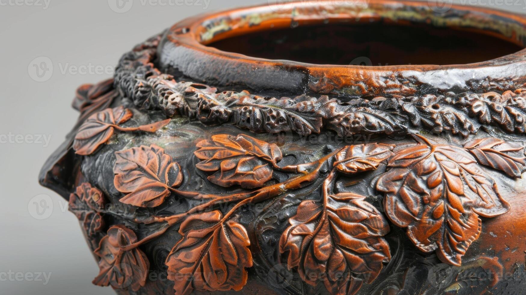a rústico texturizado superfície do uma bobina construída Panela adornado com natural motivos gostar folhas e galhos. foto