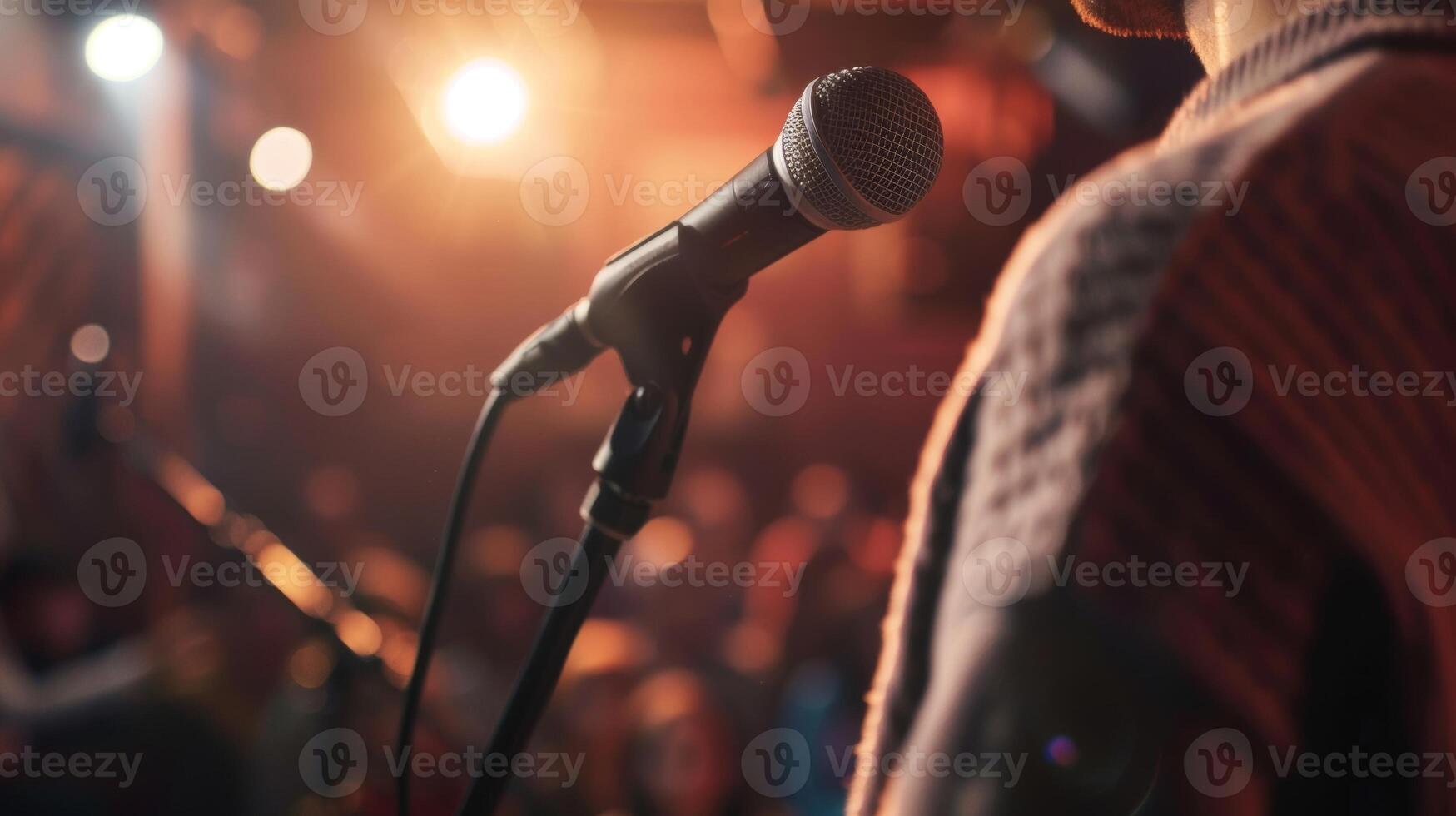 uma poeta realizando seus trabalhos em etapa seus voz tremendo com emoção Como a público senta dentro arrebatado atenção foto