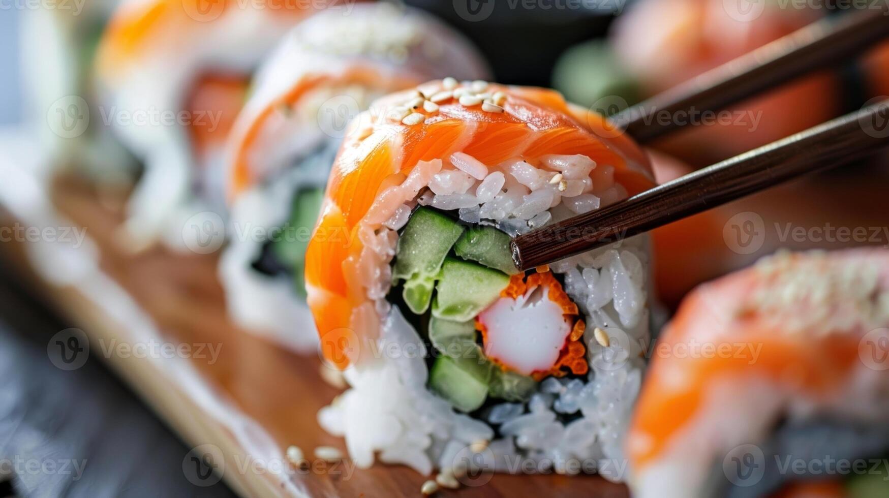 uma fechar-se tiro do uma lindo Sushi lista com perfeitamente alinhado peixe e legumes dentro foto