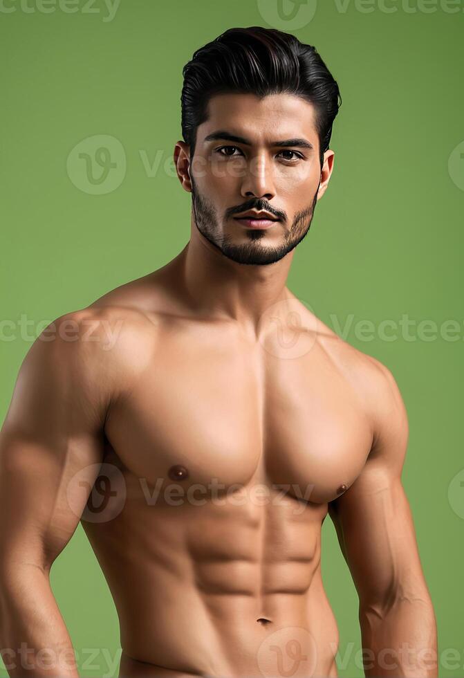 bonito muscular homem com barba posando sem camisa em verde fundo, ideal para moda, fitness, e aliciamento relacionado conteúdo foto