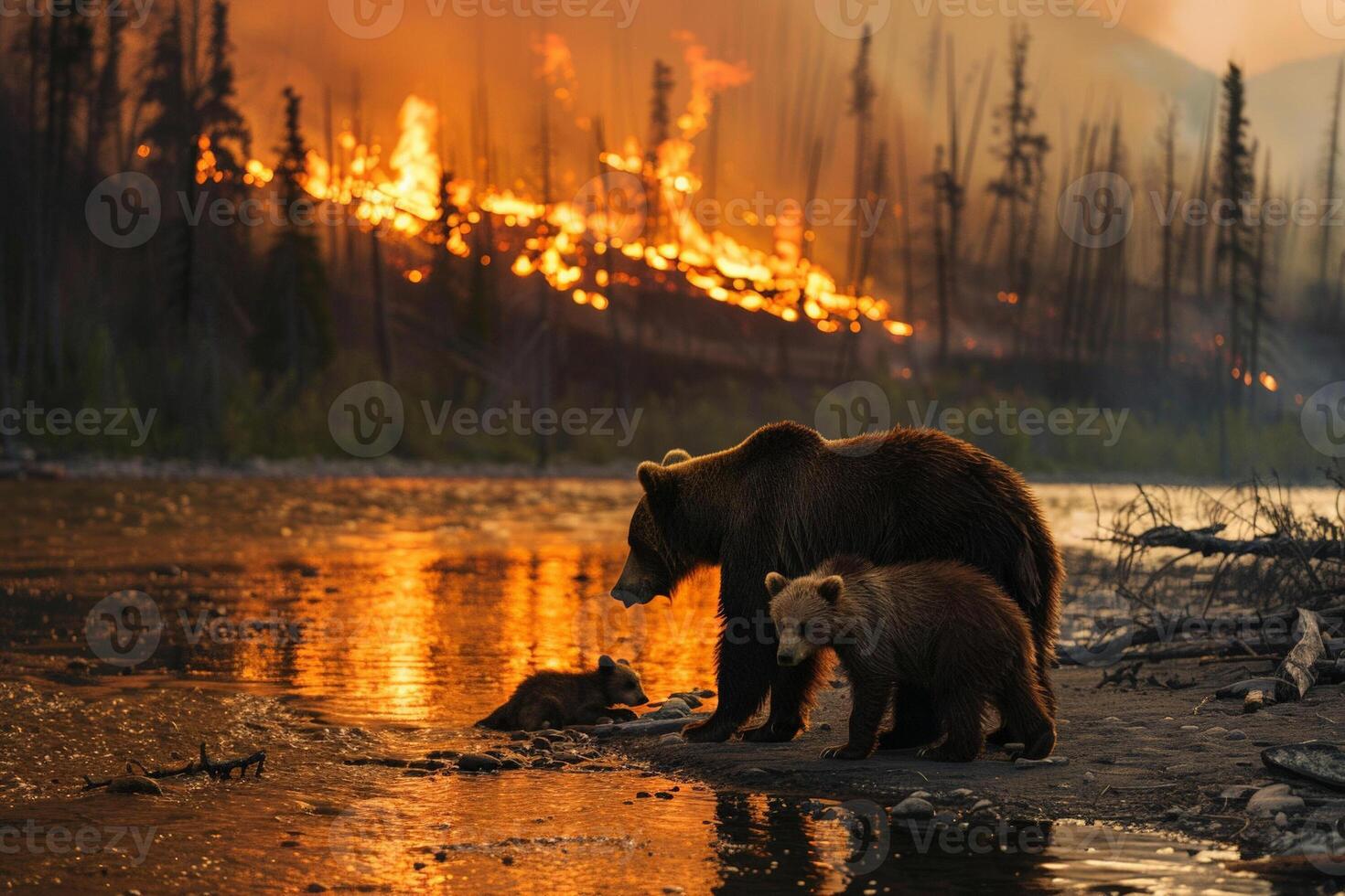 Urso e filhotes de uma rio, procurando refúgio a partir de a calor e chamas, pungente família momento foto