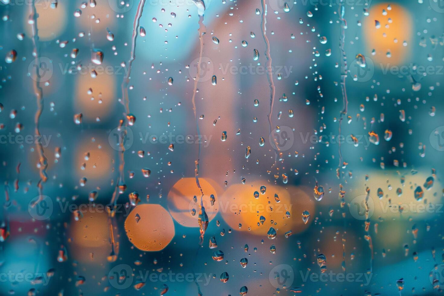 fechar acima do pingos de chuva atirando uma vidraça, embaçamento a Visão do uma encharcado urbano panorama lado de fora foto