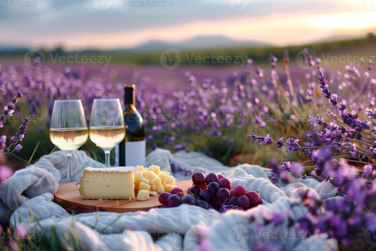 romântico piquenique dentro uma florescendo lavanda campo com vinho, queijo, e fresco frutas arranjado em uma acolhedor cobertor foto