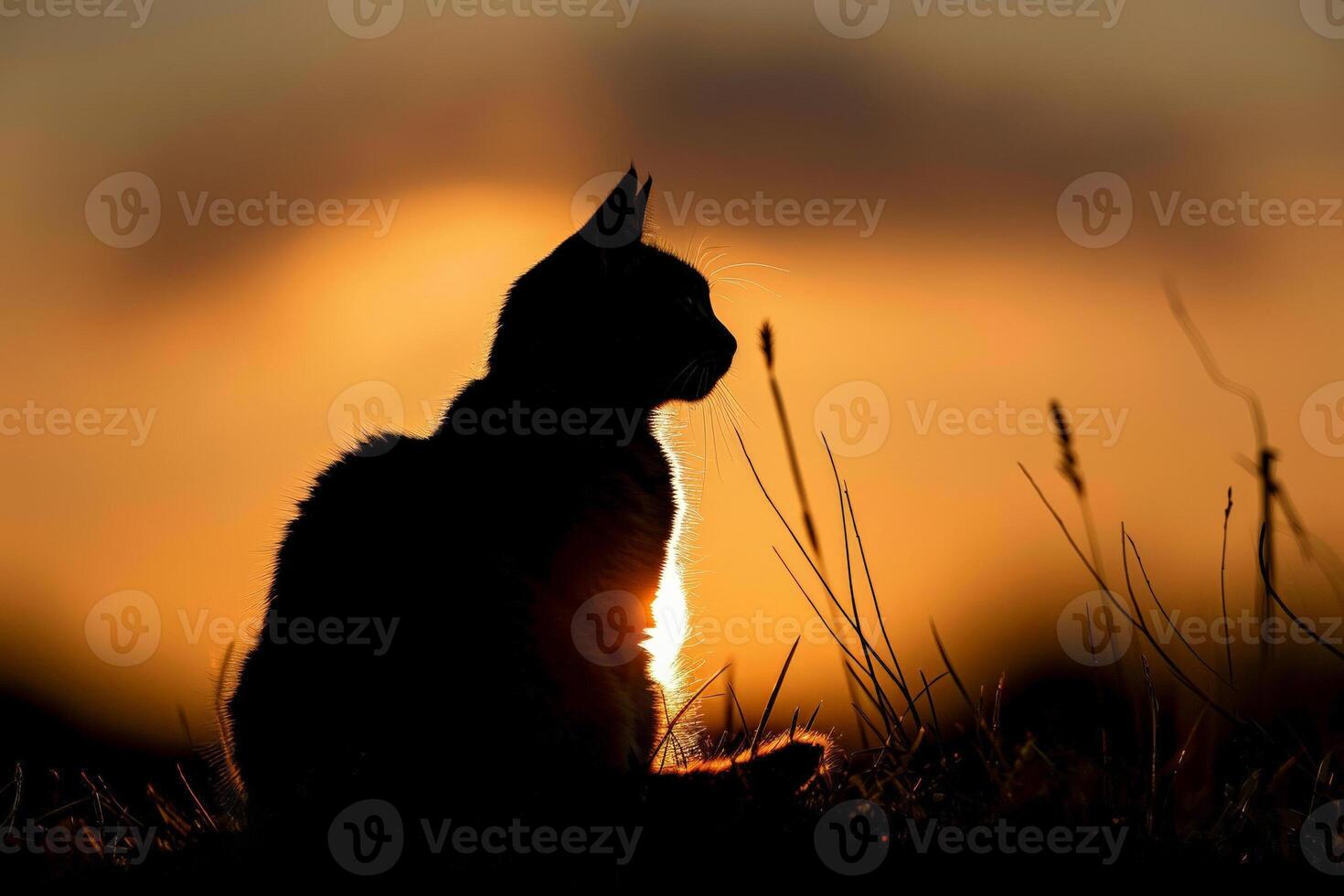 silhueta do uma gato às pôr do sol, sereno e majestoso, a comemorar a beleza do gatos em seus especial dia foto