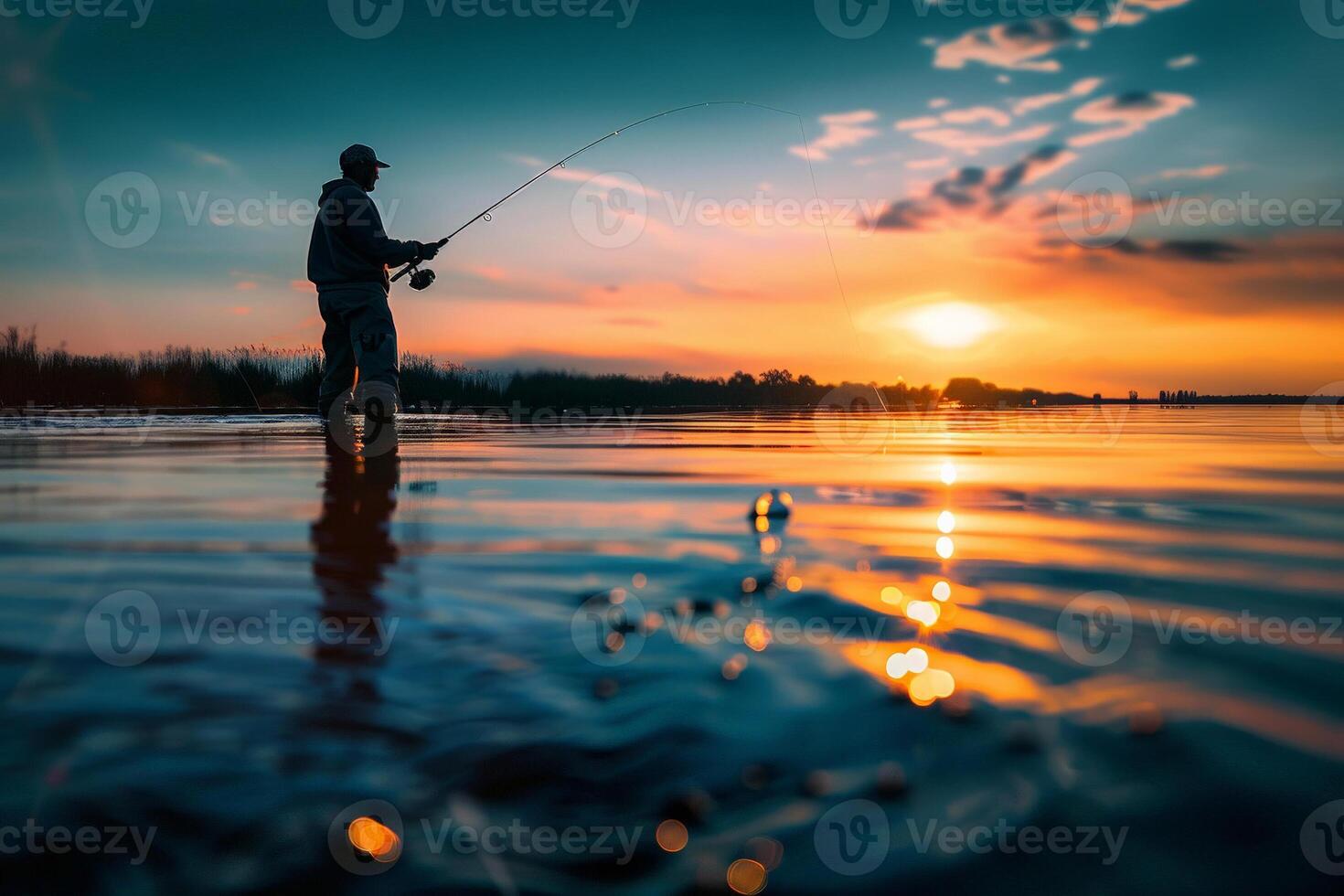 silhueta do uma pescador às pôr do sol, fundição uma grandes linha para dentro a brilhando água foto