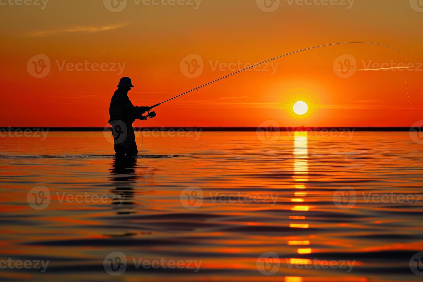 silhueta do uma pescador às pôr do sol, fundição uma grandes linha para dentro a brilhando água foto