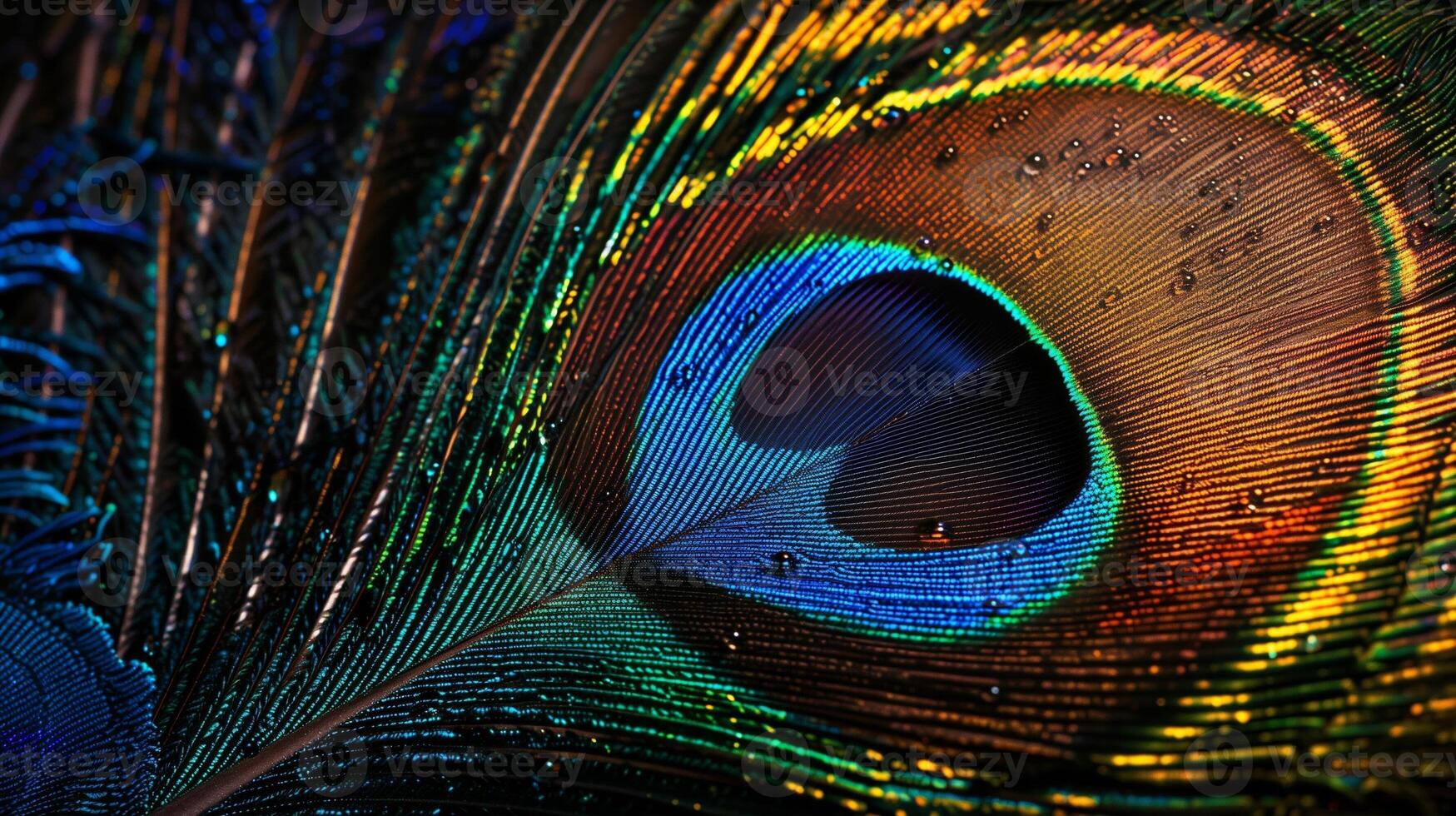 fechar acima do uma colorida pavão pena, detalhado textura, isolado em Preto fundo foto