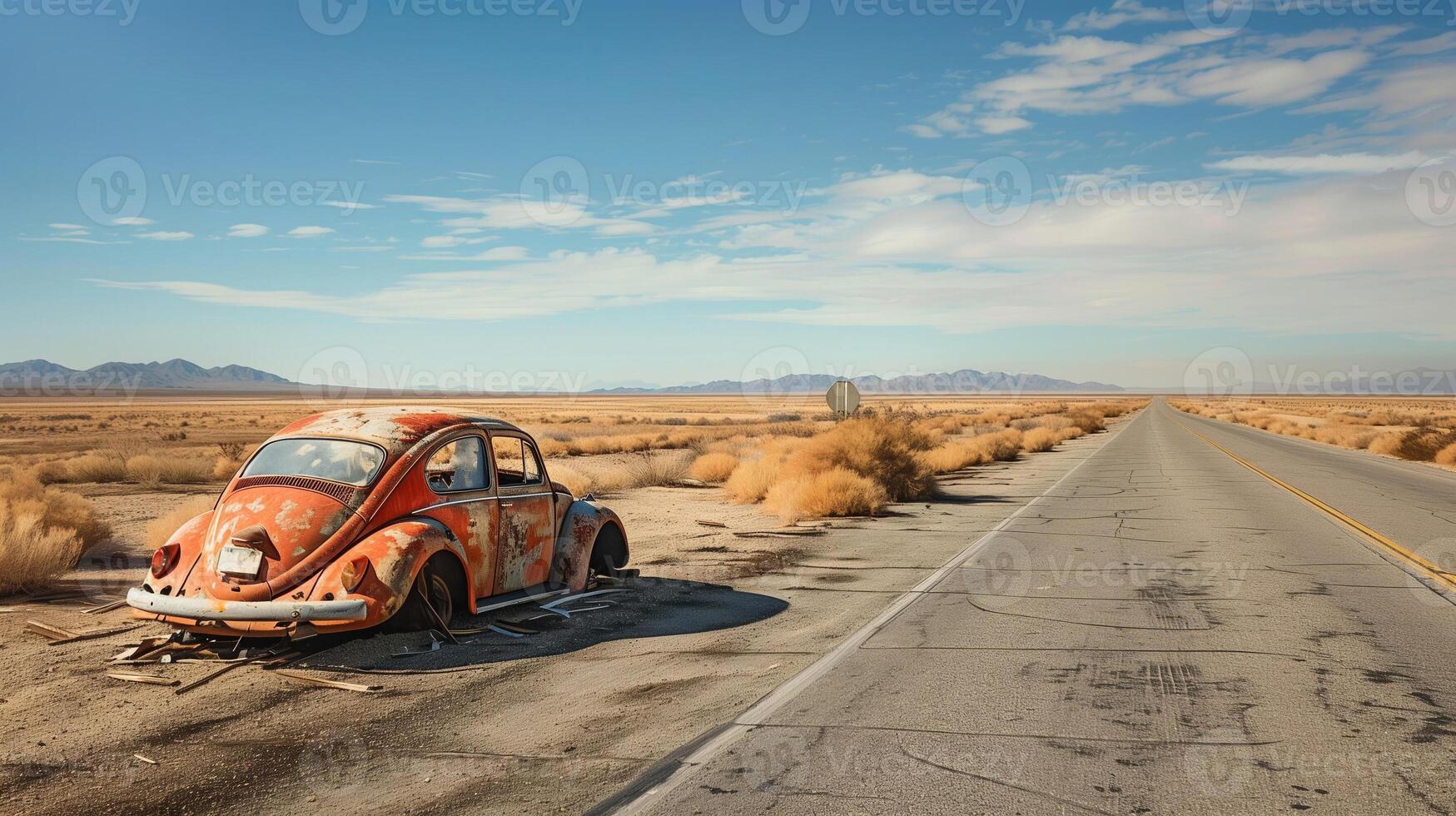 abandonado carro em uma deserto estrada, onda de calor e viagem perturbação foto