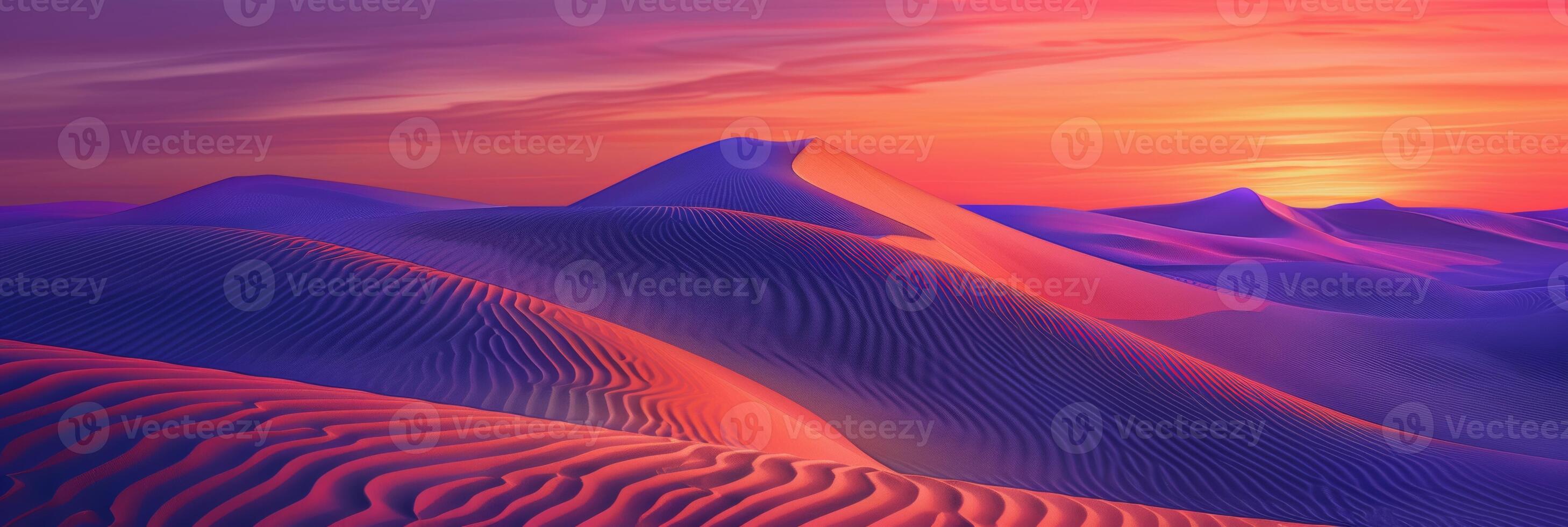 nascer do sol tintas incomum fractal padrões em ondulado deserto areia dunas com uma vibrante laranja e roxa gradiente céu Como pano de fundo foto
