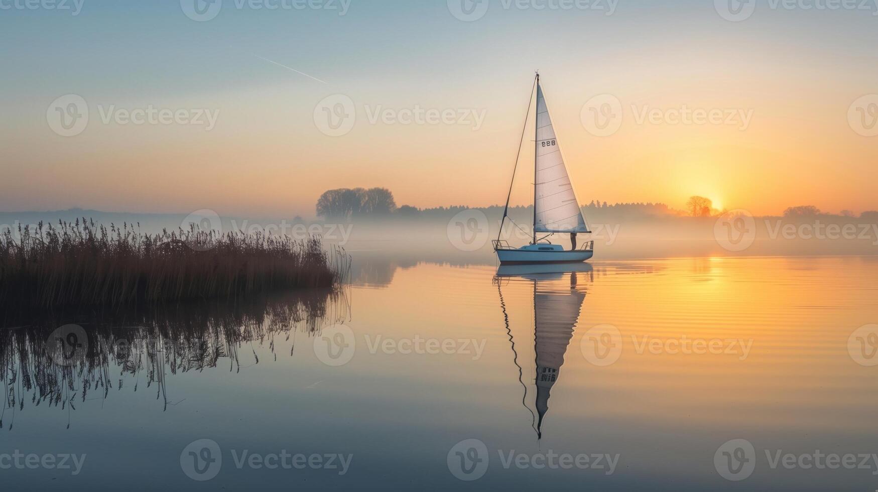 solteiro barco a vela em uma sereno lago às nascer do sol, reflexões dentro a calma água foto