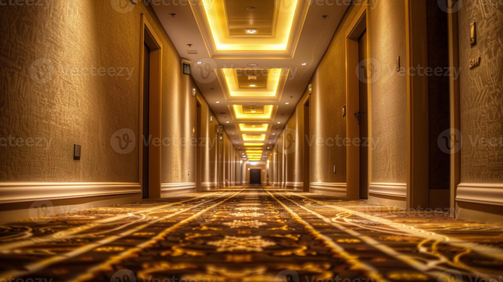 elegante hotel corredor com caloroso ambiente iluminação e luxuoso tapete, ideal para o negócio viagem, hospitalidade indústria temas, e de luxo alojamento configurações foto