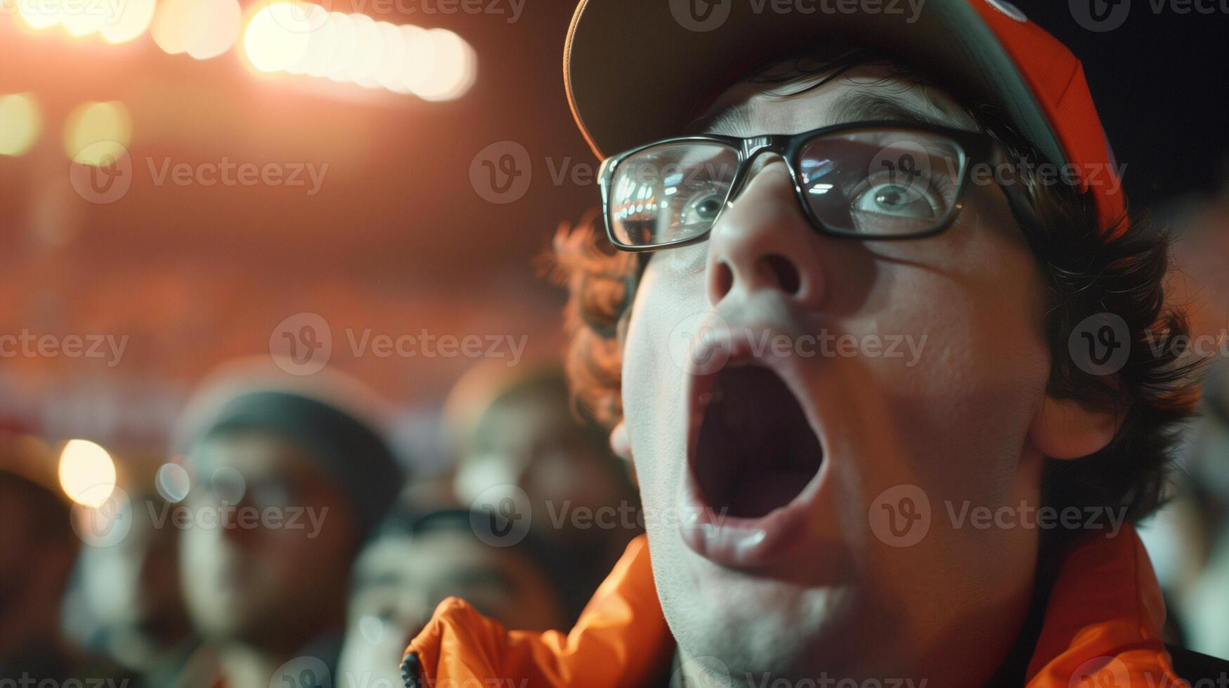 atônito jovem caucasiano masculino Esportes ventilador dentro óculos e laranja vestuário reagindo às uma cheio de suspense evento, conceito relacionado para Esportes jogos e ventilador cultura foto