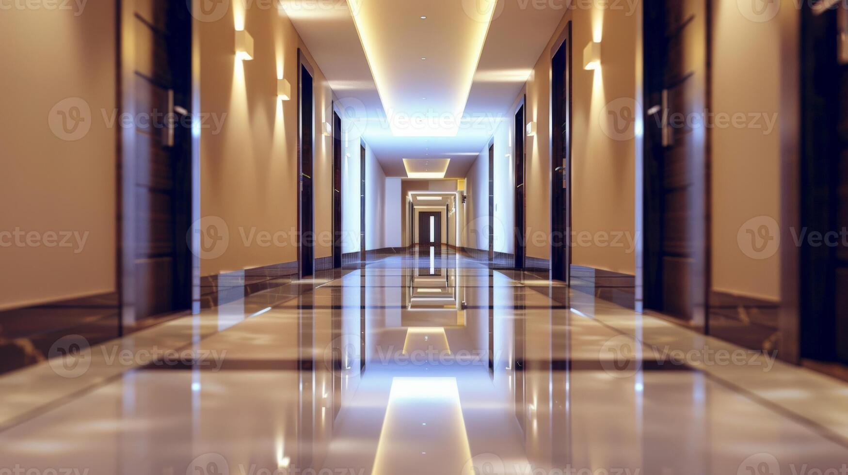 moderno hotel corredor com brilhando pavimentos e conduziu iluminação, perfeito para conceitos relacionado para viagem, luxo alojamento, e o negócio conferências foto