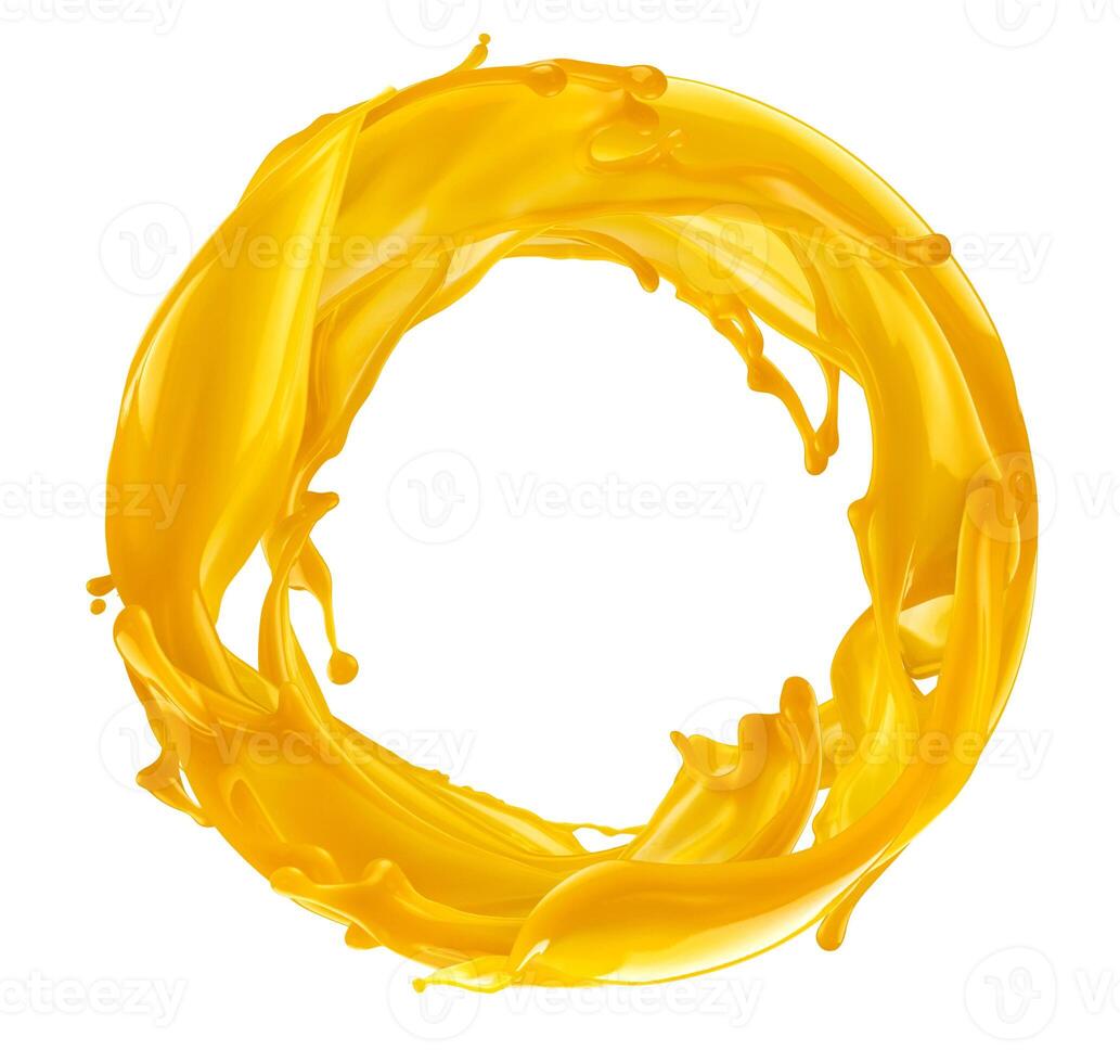 círculo laranja suco respingo isolado foto
