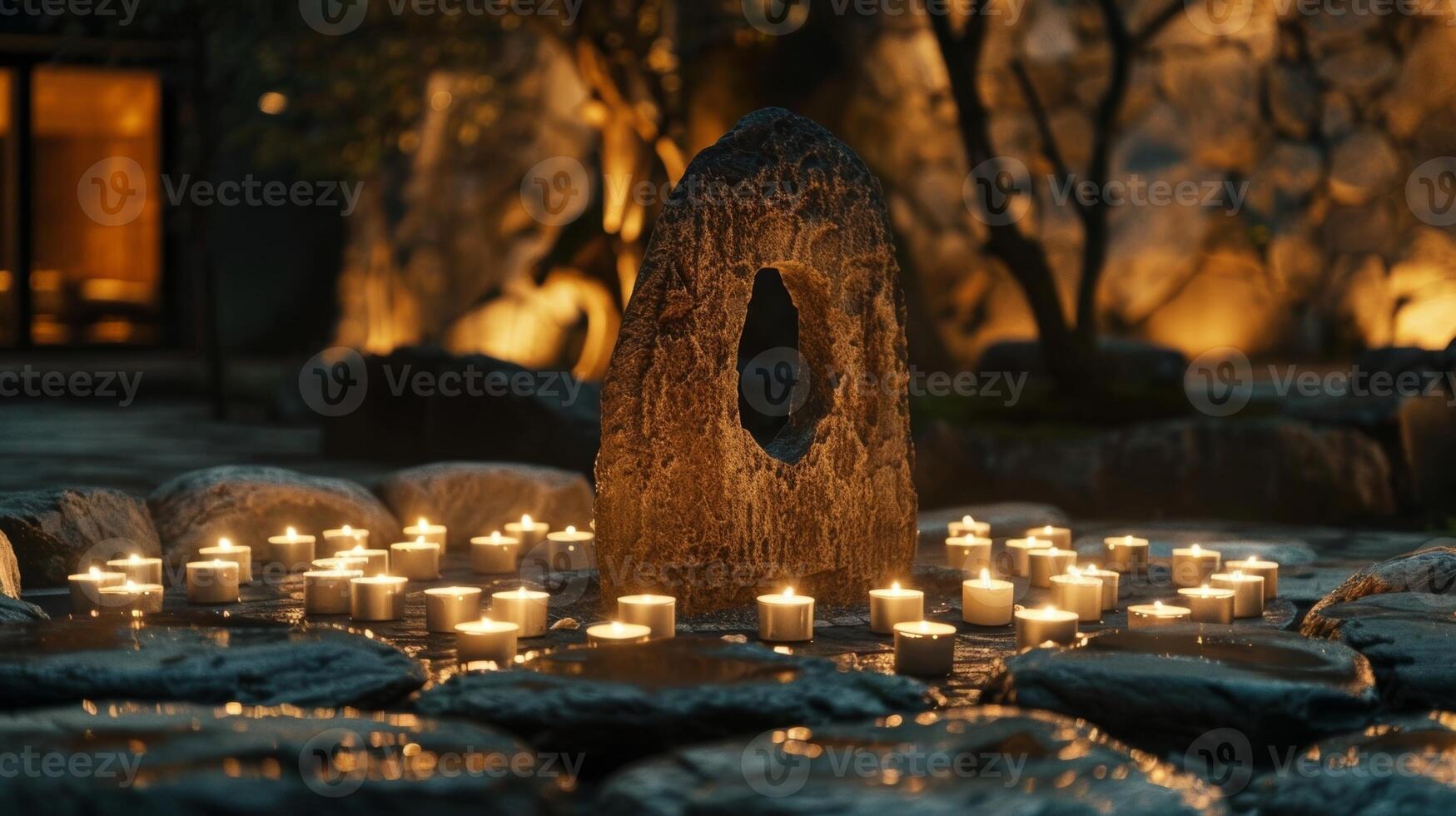 a odor do queimando madeira preenche a ar Como uma anel do velas circunda uma impressionante pedra escultura criando uma pacífico e íntimo aura. 2d plano desenho animado foto