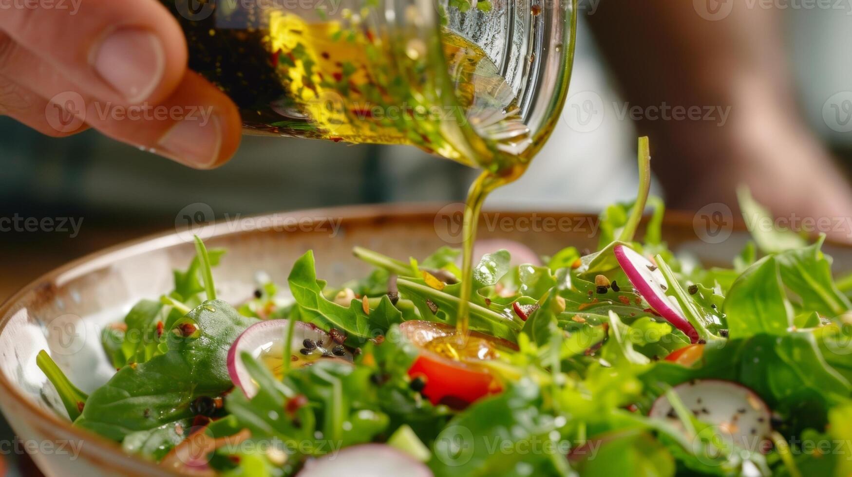 garoa uma caseiro vinagrete sobre a salada a homem infunde isto com dele próprio mistura do fresco ervas adicionando ambos sabor e saúde benefícios foto