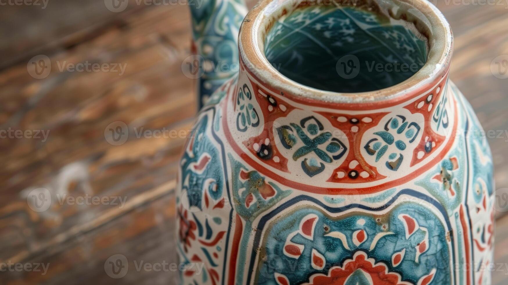 uma alta jarro decorado com uma pintado à mão sob o vidrado Projeto inspirado de tradicional marroquino azulejos. foto