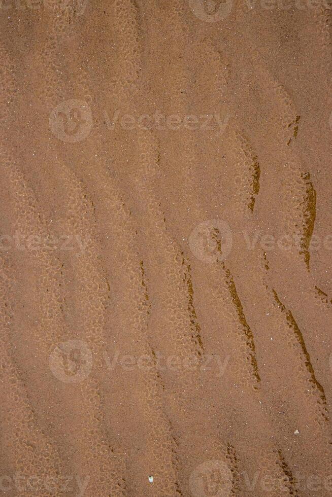 molhado areia com mar água em uma todo fundo. esvaziar ondulado arenoso mar fundo. exótico arenoso oceano de praia superfície. topo visualizar. textura e onda do Preto areia de praia durante baixo maré horas em uma quente verão dia foto