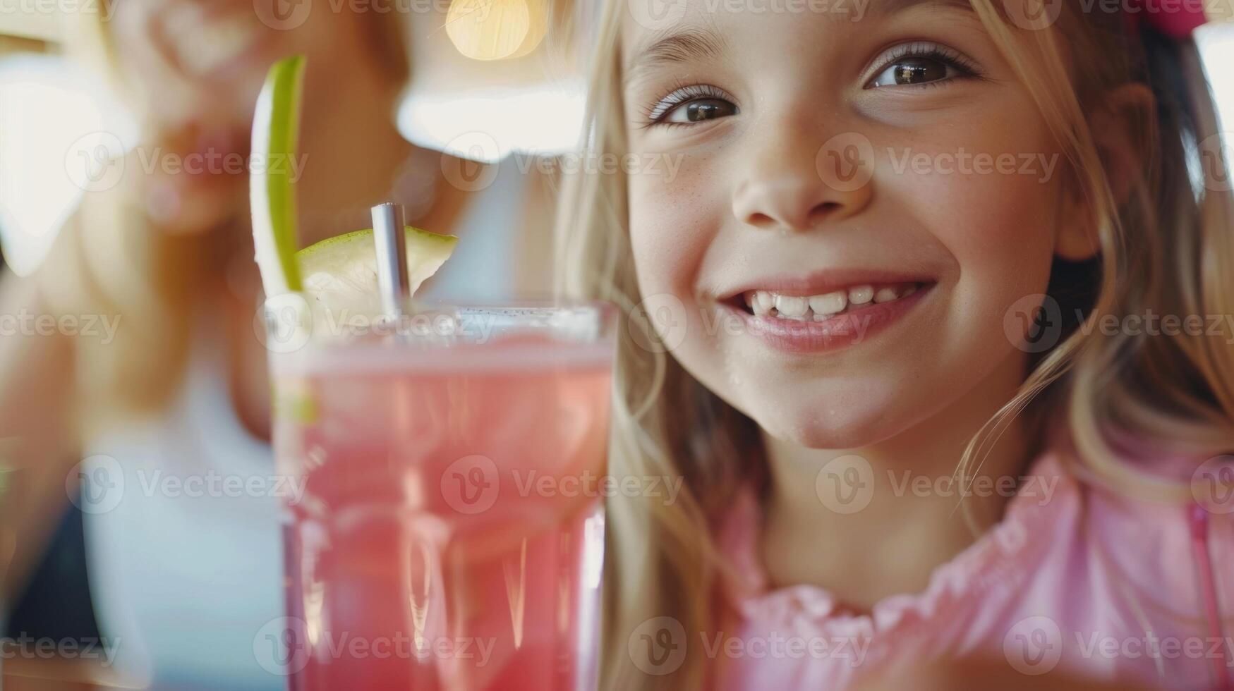 uma jovem menina alegremente bebericando em uma vidro do baga com infusão limonada enquanto dela mãe goza uma refrescante pepino mocktail foto