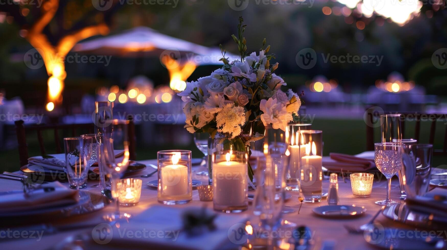 a luz de velas mesas estão adornado com fresco flores e delicado artigos de vidro realçando a romântico ambiente do a ao ar livre evento. 2d plano desenho animado foto