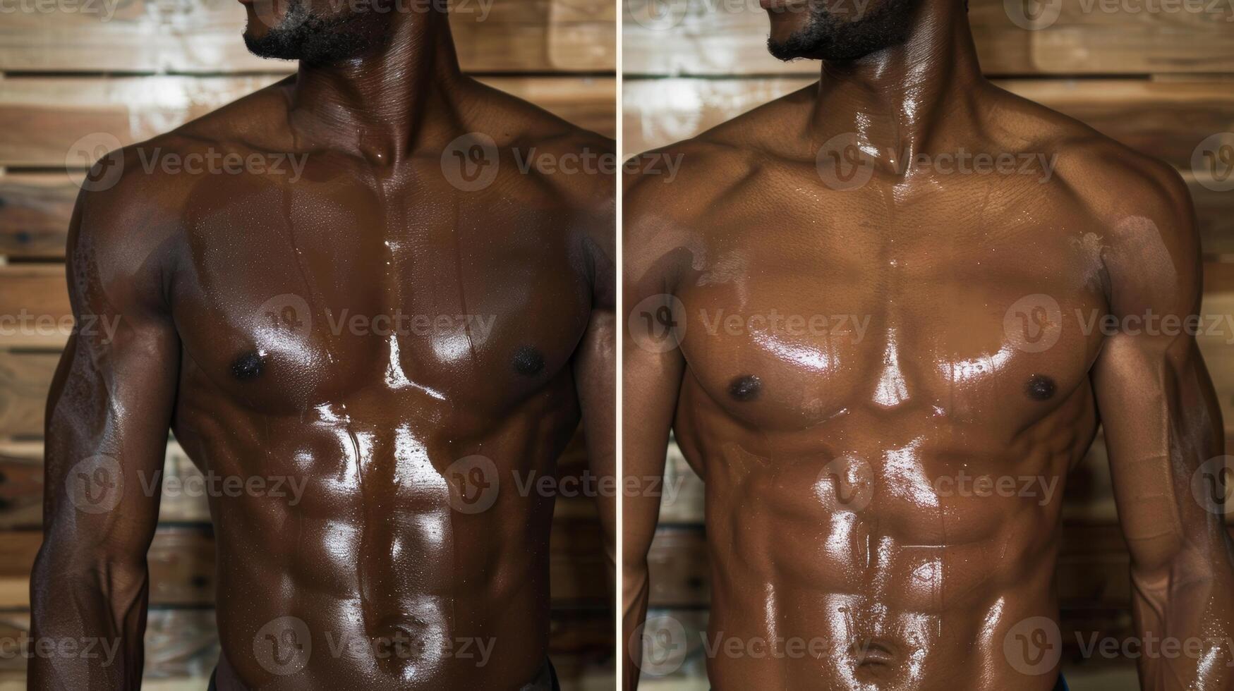 uma lado a lado comparação foto do a atletas corpo antes e depois de usando uma sauna destacando a perda do excesso água peso e melhorado músculo definição.
