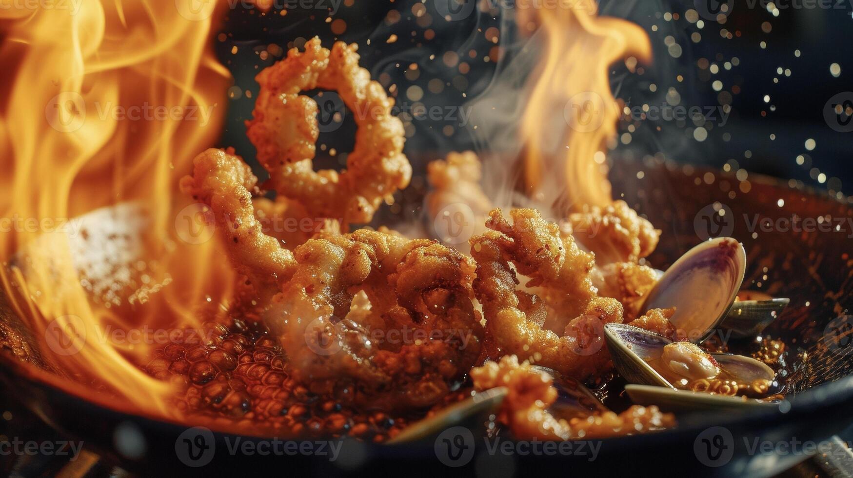 frutos do mar amantes vai estar seduzido de a vista do isto flamejante frito Comida extravagância completo com roliço frito mexilhão e concurso frito lula servido com uma lado do fogosa ho foto