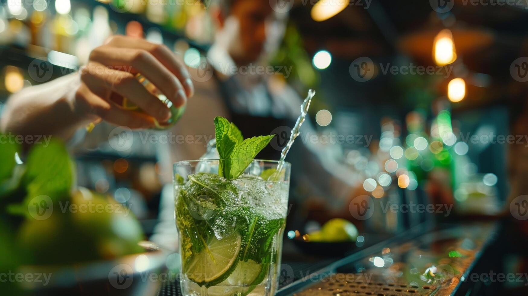 uma barman habilmente preparando uma refrescante virgem Mojito com fresco hortelã e Lima para uma cliente às a segundo localização foto