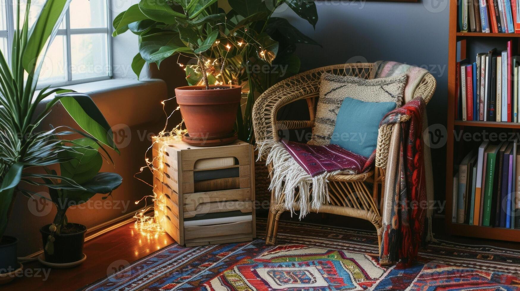 uma inspiração boêmia lendo recanto com uma rattan cadeira uma colorida kilim tapete e uma pilha do livros em uma de madeira engradado lado mesa. cintilante fada luzes e em vaso plantas adicionar foto