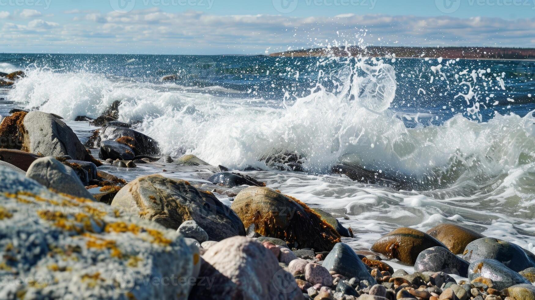 uma rochoso litoral com ondas falhando contra a costa uma lembrete do a poder e beleza do a natural mundo foto