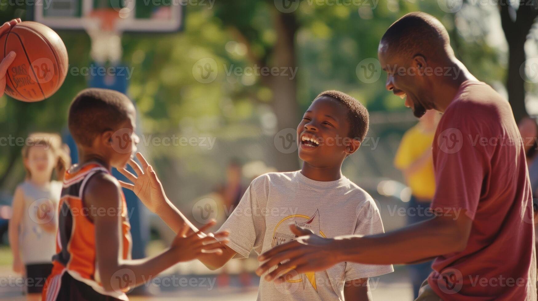 uma grupo do homens jogando uma amigáveis jogos do basquetebol com crianças dentro uma local parque Como parte do uma mentoria e Esportes programa foto