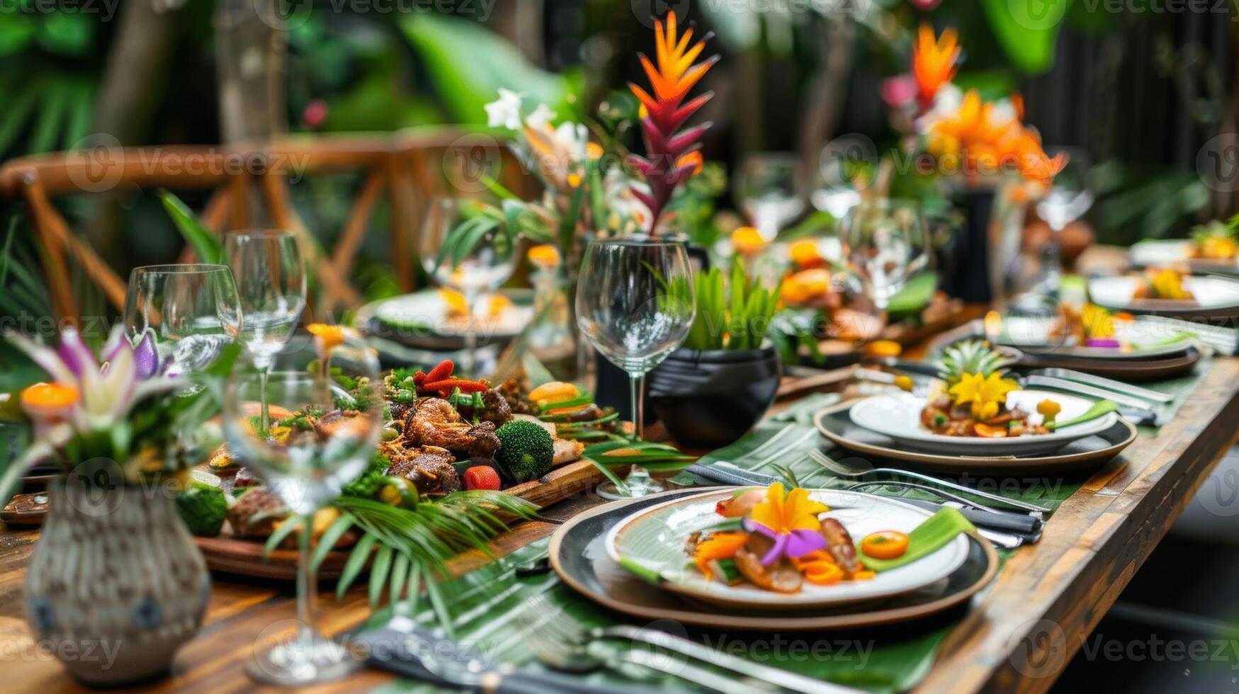 uma mesa conjunto com a sortimento do tropical pratos todos belas banhado e pronto para estar praticado em de oficina participantes foto