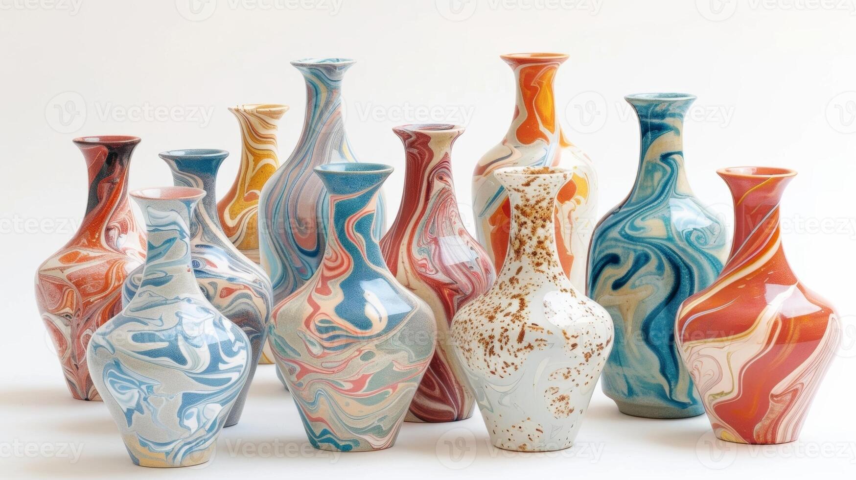 uma Series do cerâmico vasos com vibrante redemoinhos e manchas imitando a intrincado padrões encontrado dentro natural mármore. foto