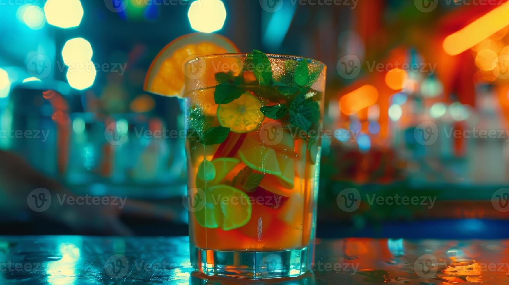 Como a noite vai em a música pega mais animado e a bebidas pegue Mais exótico com colorida combinações do frutas e ervas criando único e refrescante suco opções foto